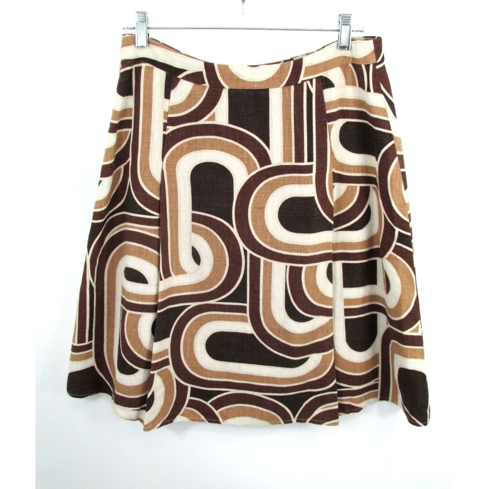 Banana Republic Linen Midi Pleated Skirt Women 4 Tan Brown Geometric Retro 70s